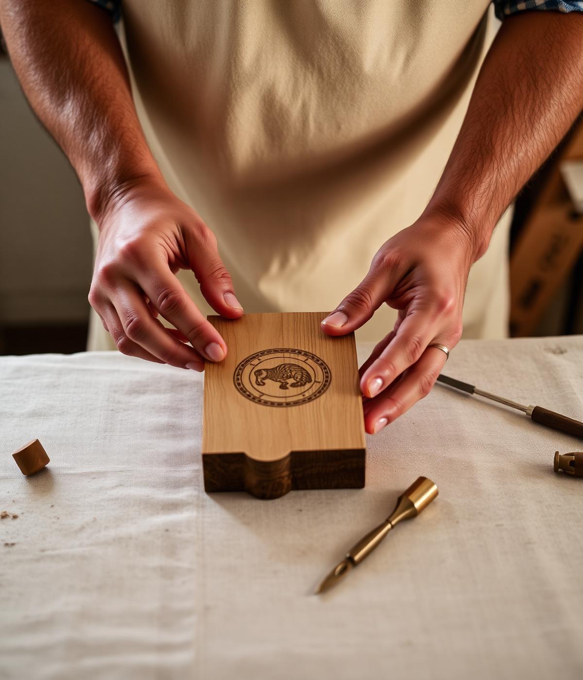 Hands placing an engraved wooden piece on a linen workbench