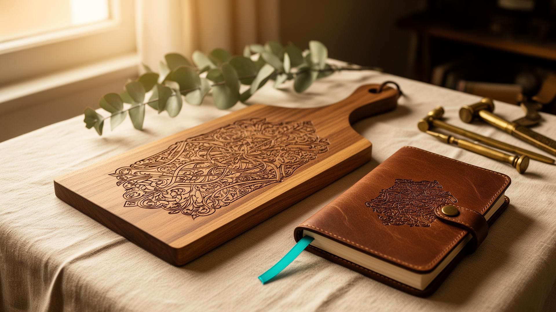 Engraved walnut cutting board and leather journal styled on cream linen